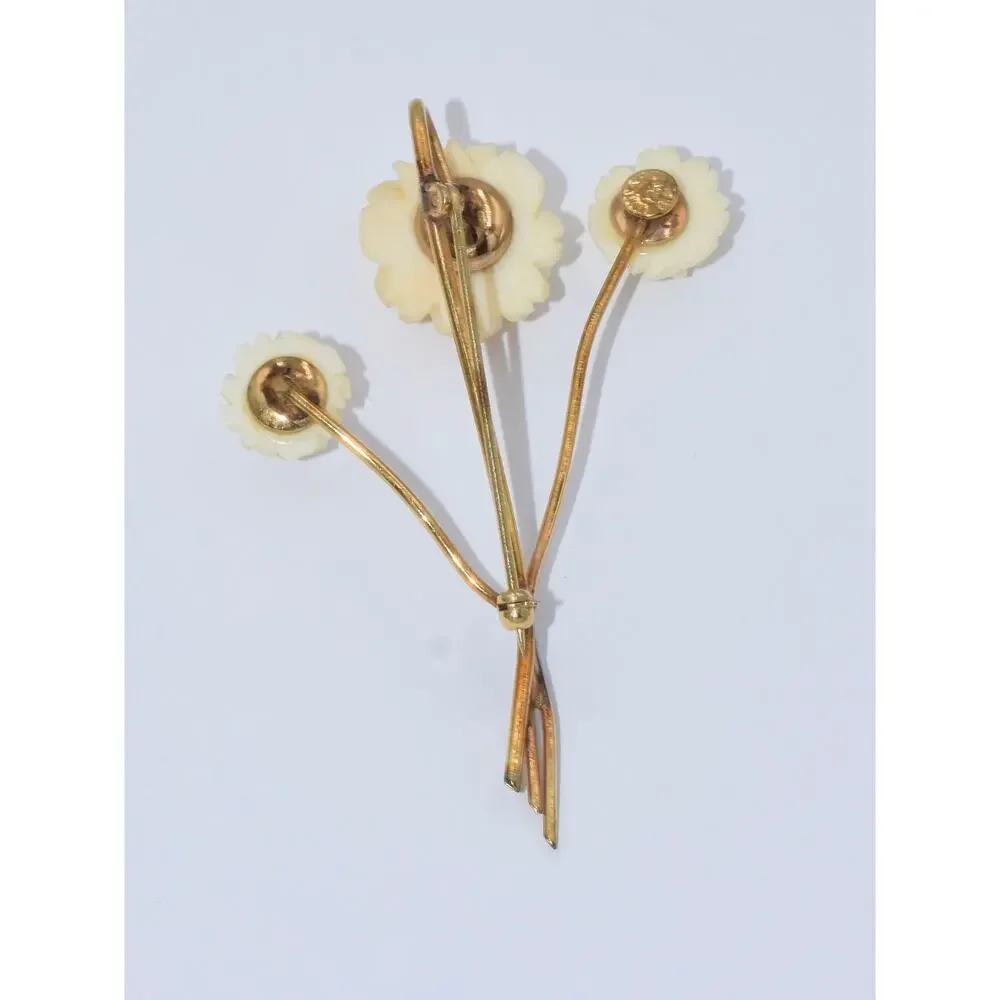Vintage Winard 12K Gold Filled Carved Celluloid Flower Floral Brooch Pin
